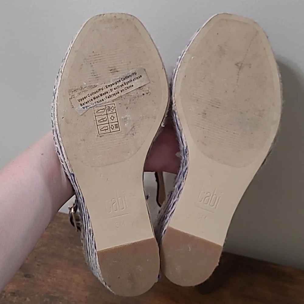 CAbi Parker Blue & White Espadrille Wedges size 8